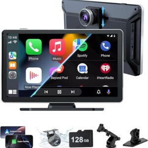 (3) Wireless Car Stereo, 9 Inch Portable Car Audio,Car Screen with 4K Front + Rear 1080P Dual Camera Dash Cam